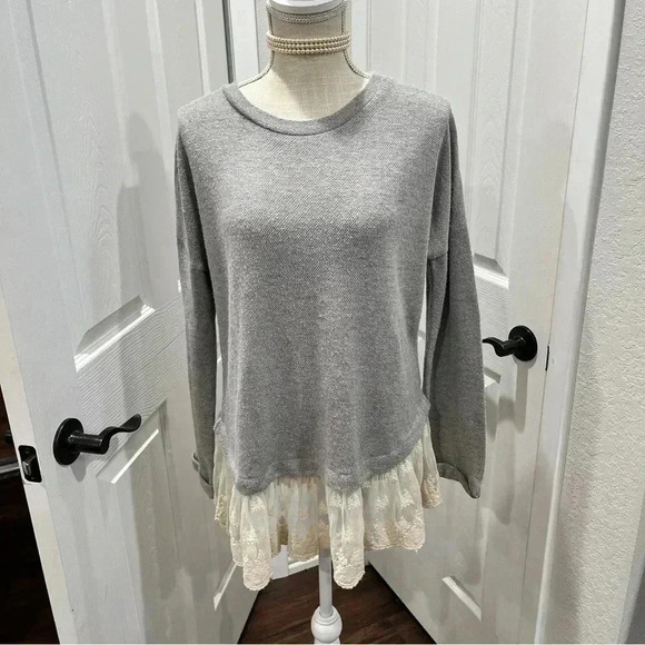 Altar’d State gray waffle knit pullover with lace trim waistline - Picture 1 of 7